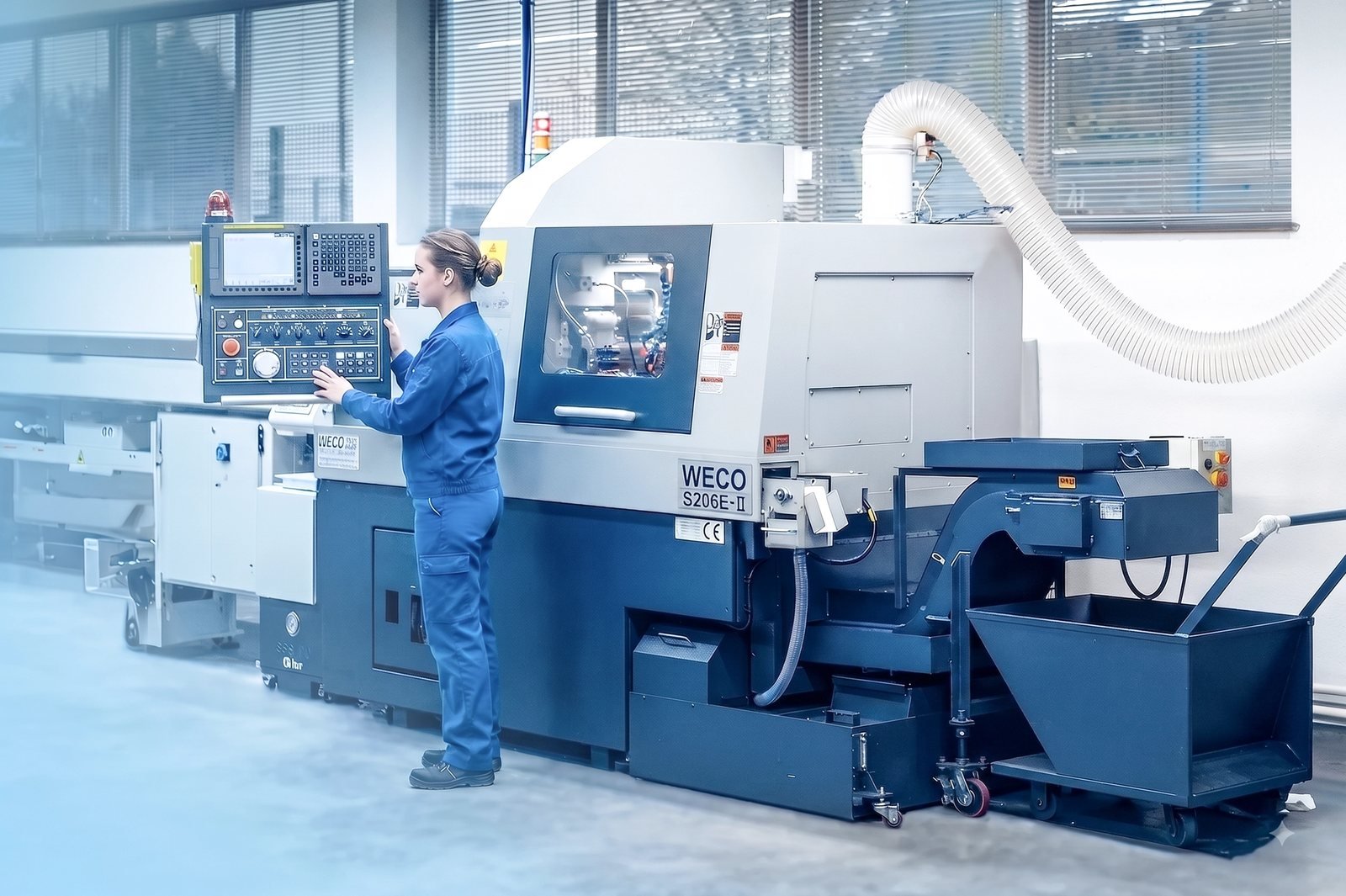 Zwei Mitarbeiter an einer CNC-Drehmaschine in der Fertigung