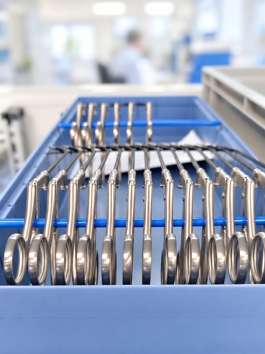 Chirurgische Präzisionsinstrumente von Dausch in einem Sterilisationskorb, Ringgriffe in Reihe