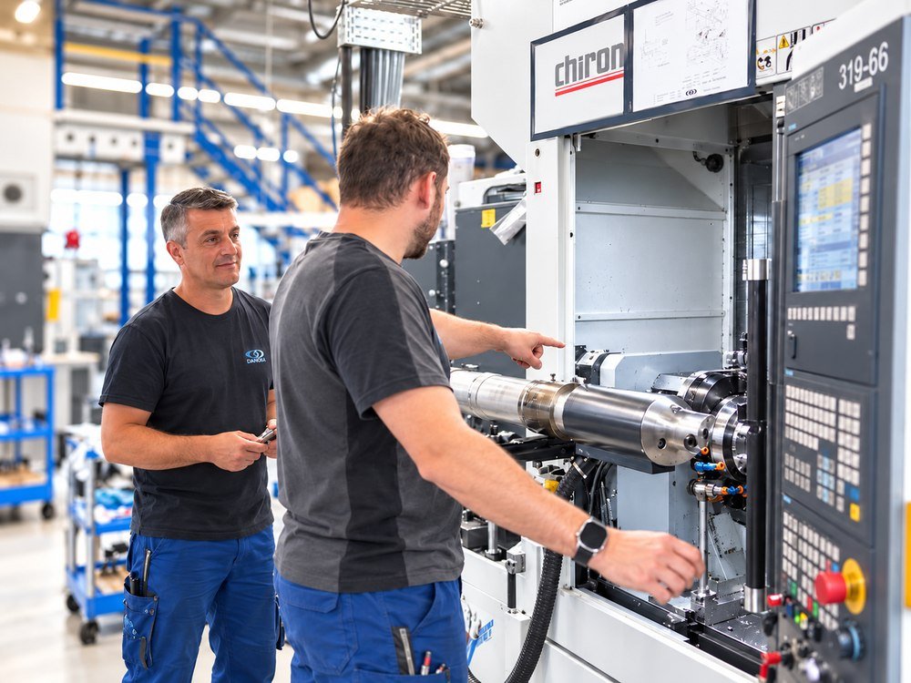 Zwei Mitarbeiter richten ein CNC-Bearbeitungszentrum ein