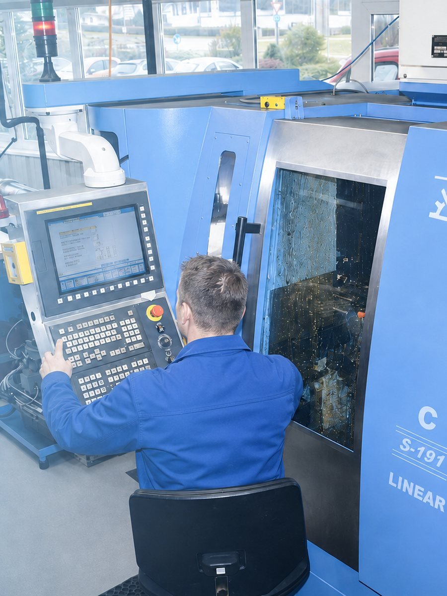 Mitarbeiter an der Steuerung einer CNC-Maschine während der Fertigung eines Rohrschaftinstruments