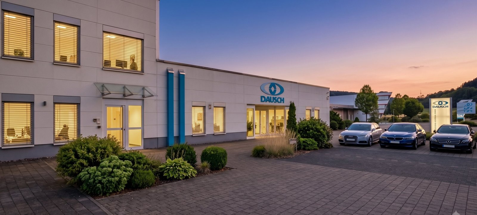 Firmengebäude von Dausch Medizintechnik in der Abenddämmerung