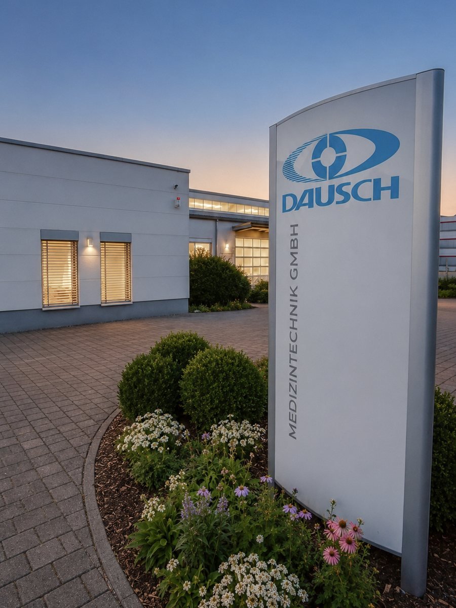 Eingangsbereich der Dausch Medizintechnik GmbH in Wurmlingen bei Abenddämmerung